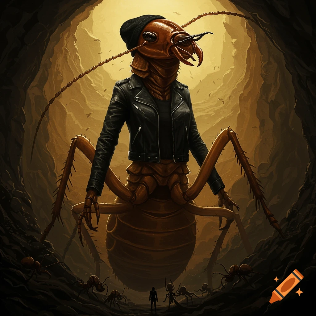 A giant termite queen in a black leather jacket and beanie stands in a dark cave, surrounded by smaller figures and ants.