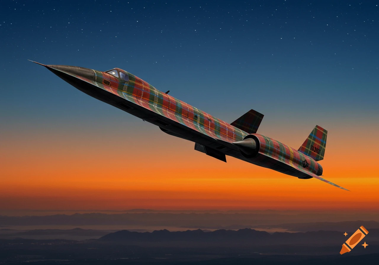 An SR-71 Blackbird reconnaissance plane covered in red and green Stuart plaid, flying against a vibrant sunset sky with stars.