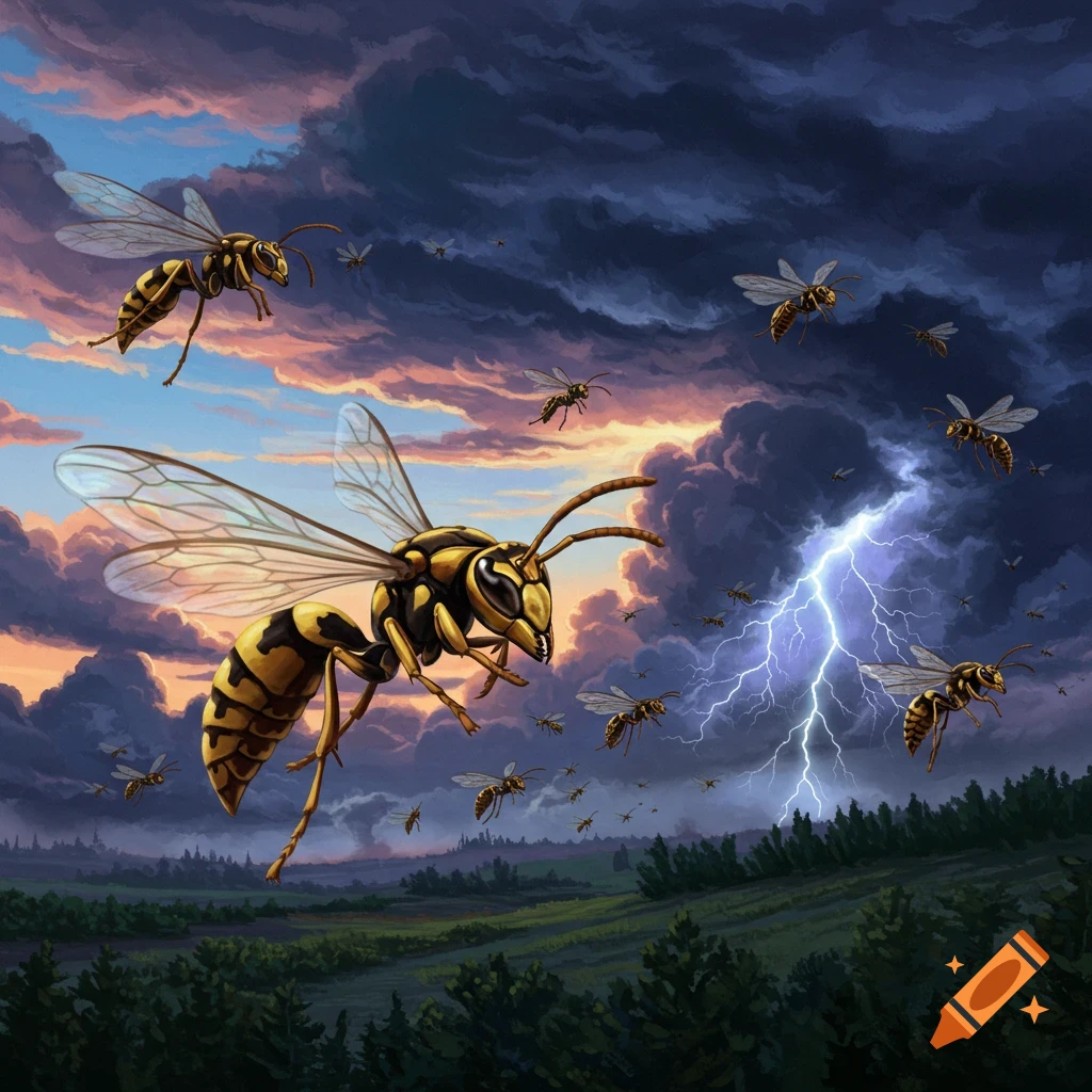 A swarm of giant wasps flies through a dramatic, storm-filled sky with lightning strikes over a landscape at dusk.