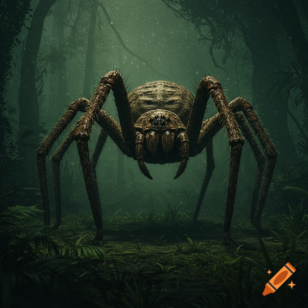 A large, hairy, photorealistic spider stands on the dark, misty jungle floor.