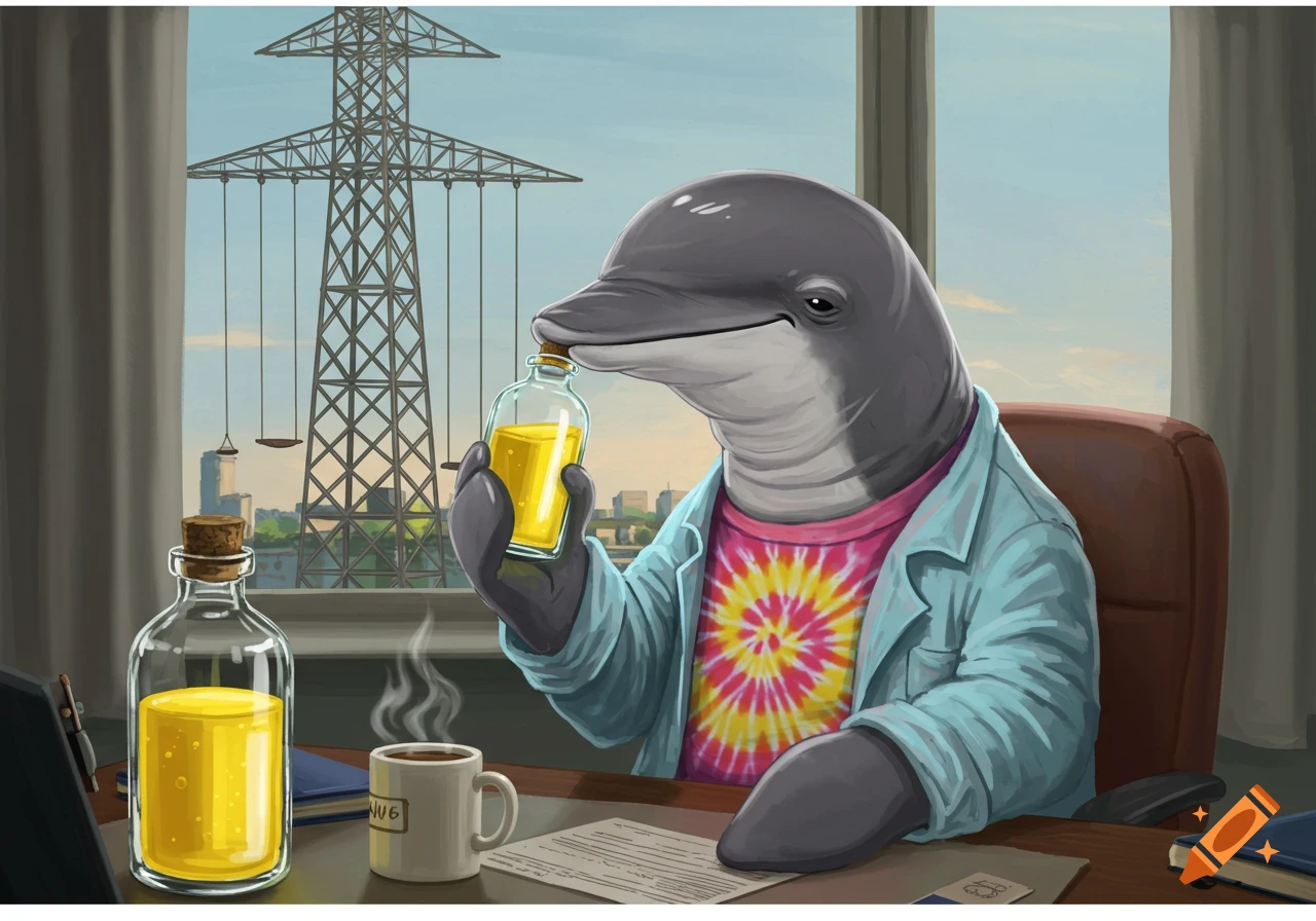 A porpoise in a light blue lab coat and tie-dye shirt sits at a desk, holding a bottle of yellow liquid. Another bottle and a coffee mug are on the desk. An electrical tower with swings is visible outside the window.