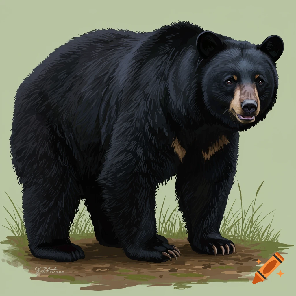 A detailed illustration of a black bear standing on a grassy, dirt patch against a pale green background.