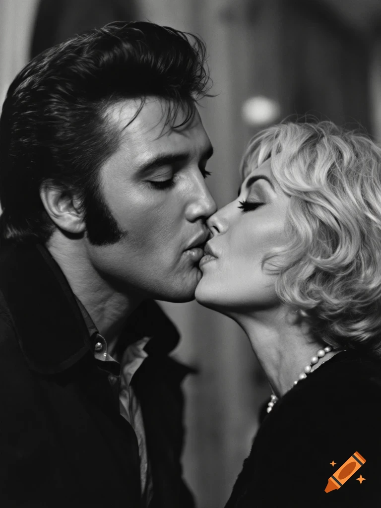 A black and white close-up of a man resembling Elvis Presley kissing a woman with blonde, wavy hair.