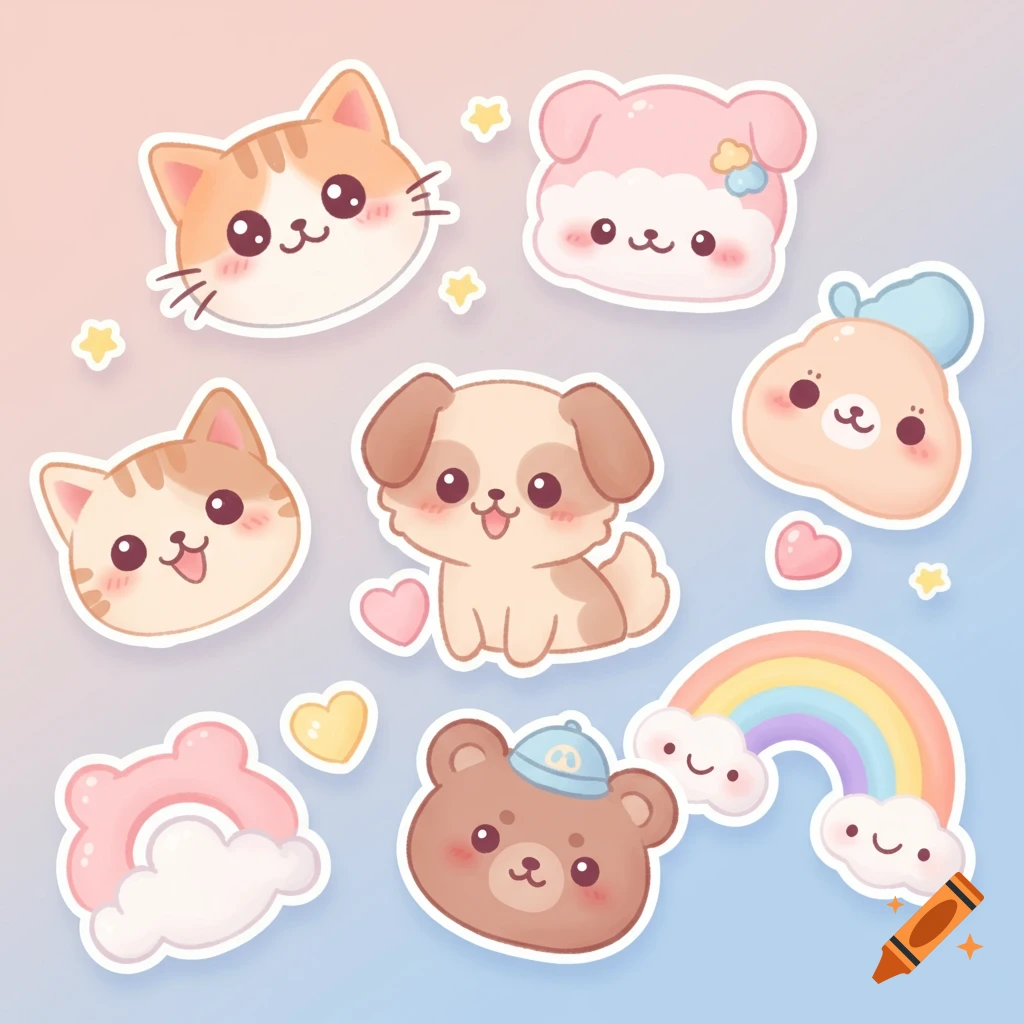 A collection of cute pastel cartoon stickers featuring cats, a dog, a bear, a rainbow, hearts, and a cloud shape.