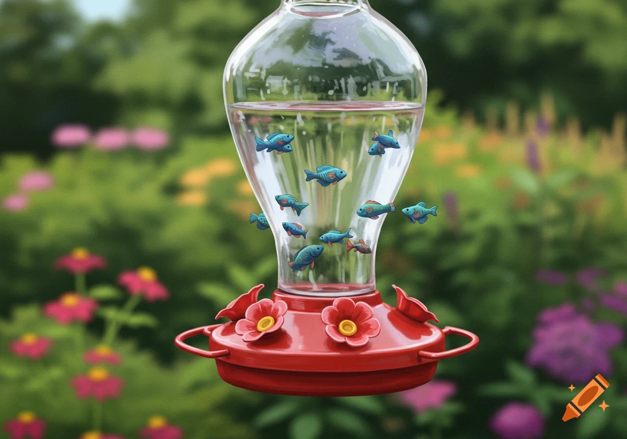 Colorful fish swim inside a glass hummingbird feeder with a red base in a blurry green garden.