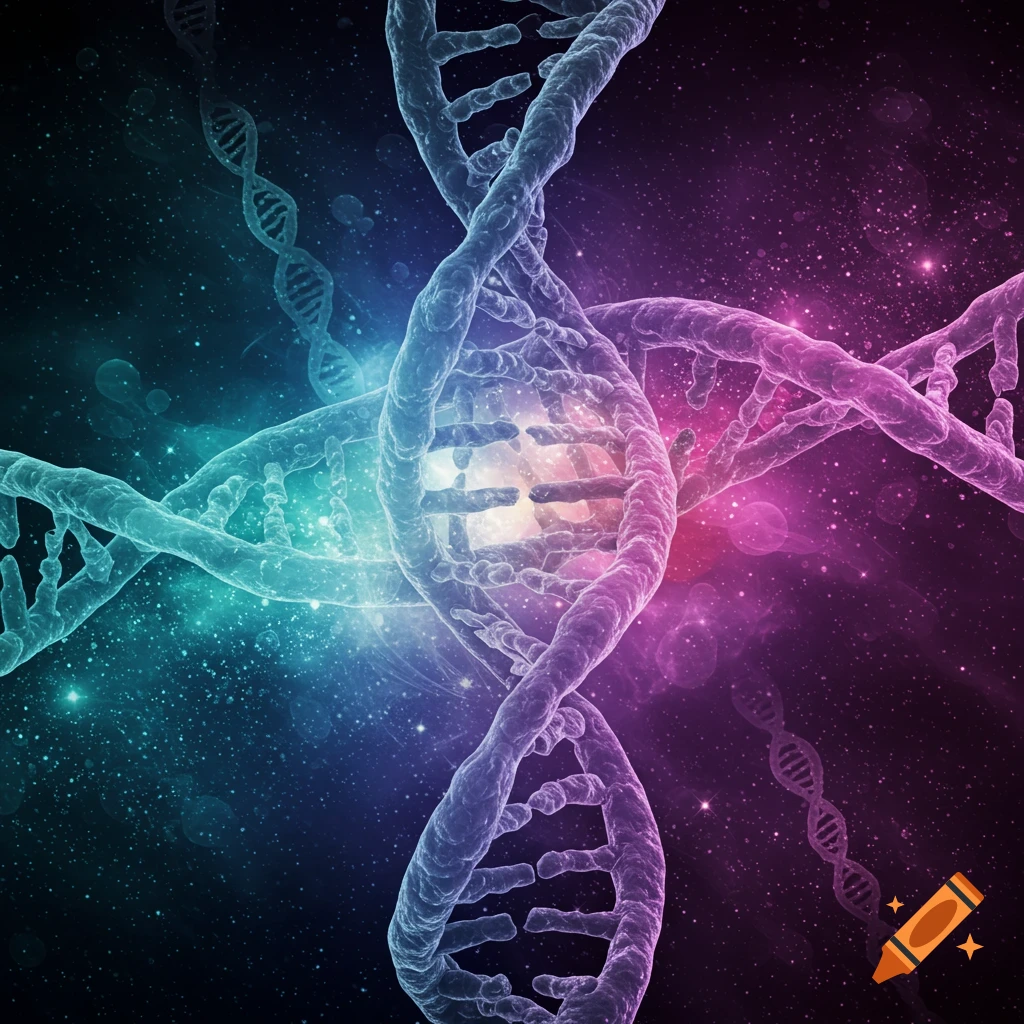 Multiple glowing DNA double helix strands intertwine against a vibrant teal and purple cosmic background with stars.