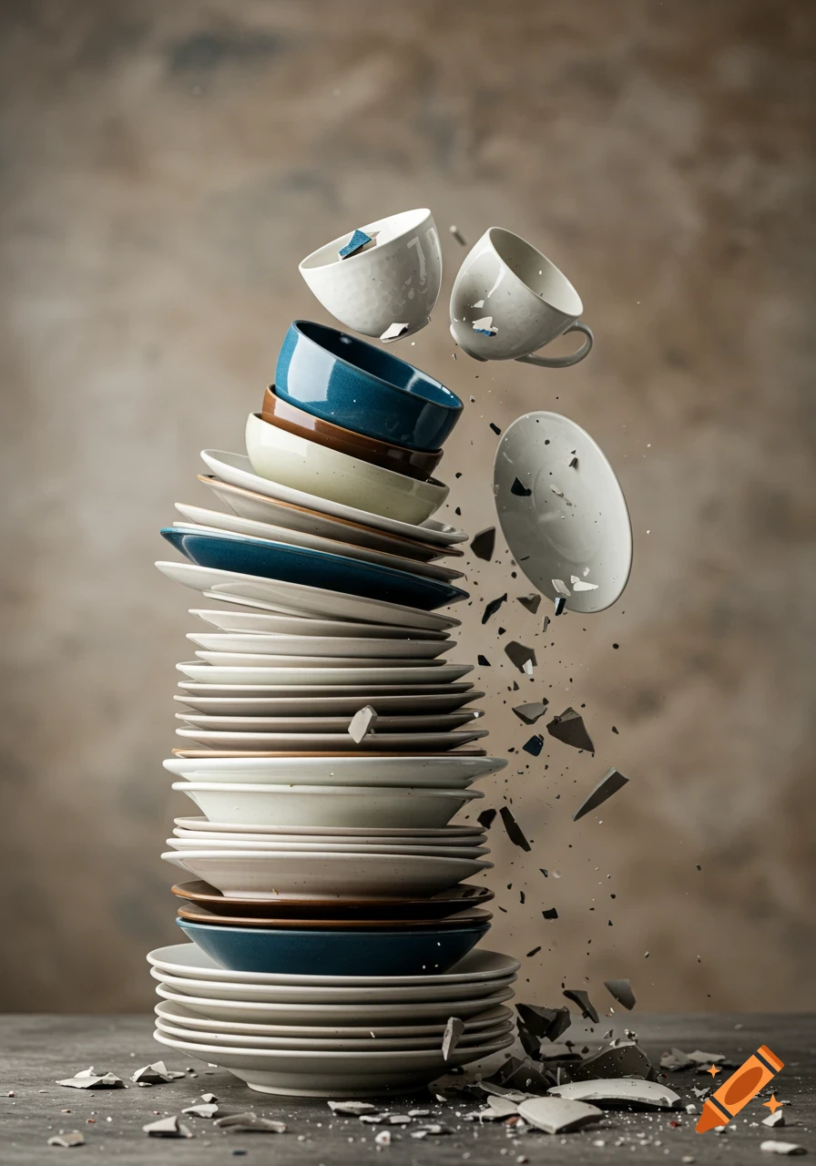 A tall stack of ceramic plates, bowls, and cups dramatically shattering and falling against a blurred background.