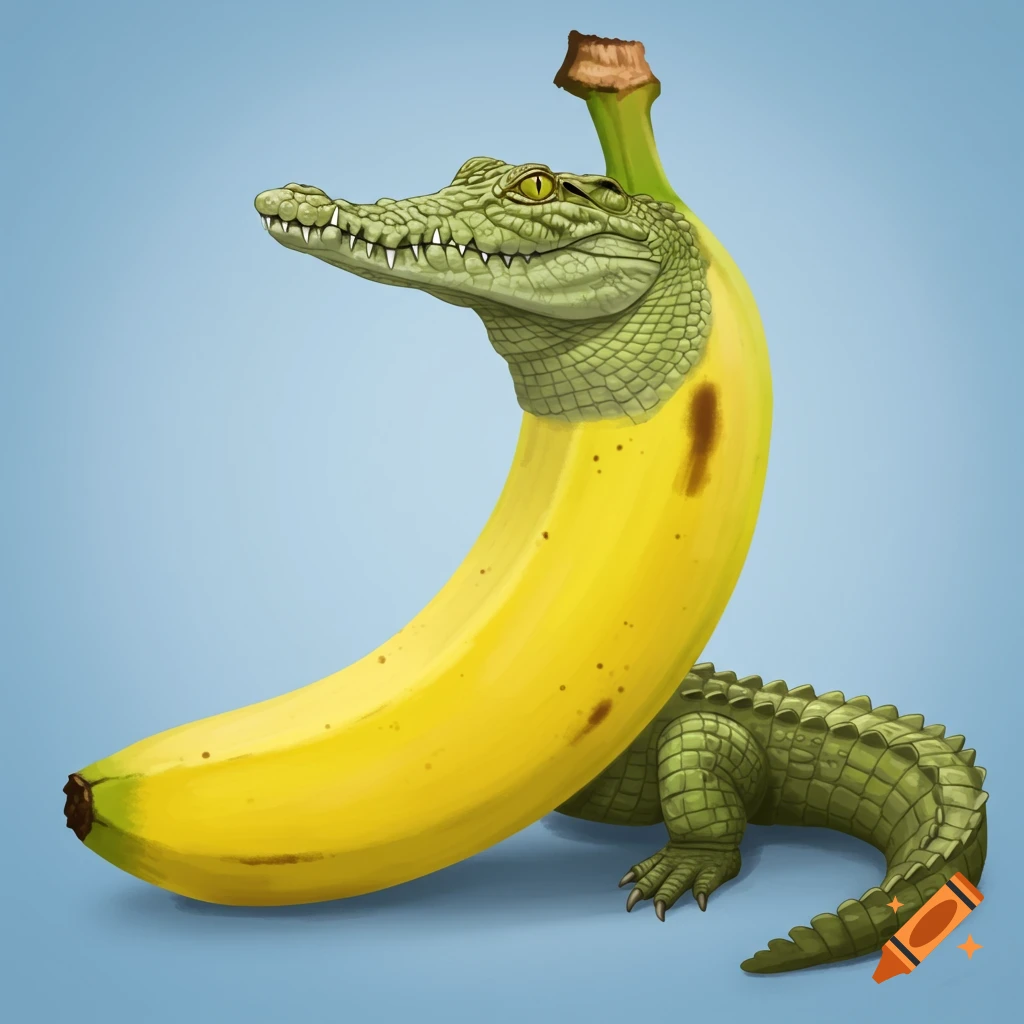A surreal image of a green crocodile with a yellow banana for its body, standing on a light blue background.