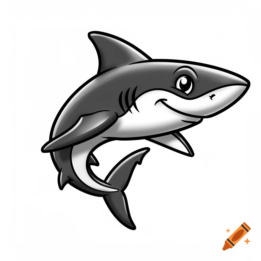 A friendly, smiling cartoon shark in black and white.