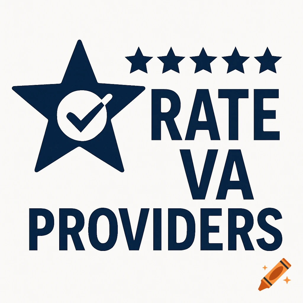 A dark blue logo featuring a large star with a checkmark, five smaller stars, and the text "RATE VA PROVIDERS".