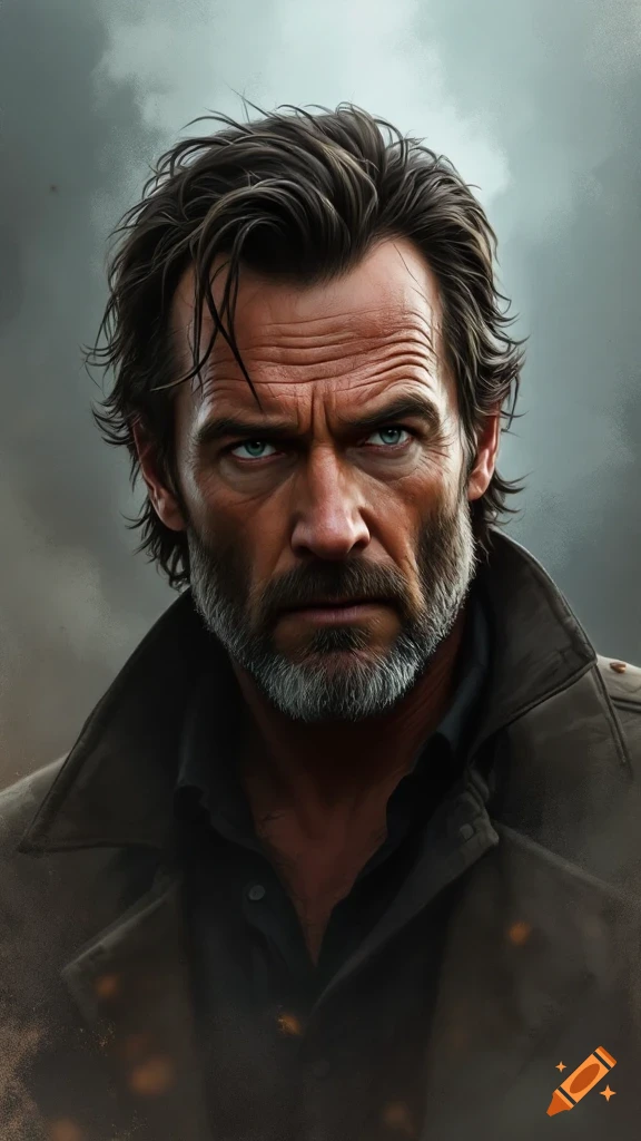 A close-up portrait of a man with a dark beard, furrowed brow, and piercing blue-green eyes, wearing a dark jacket, against a cloudy background.