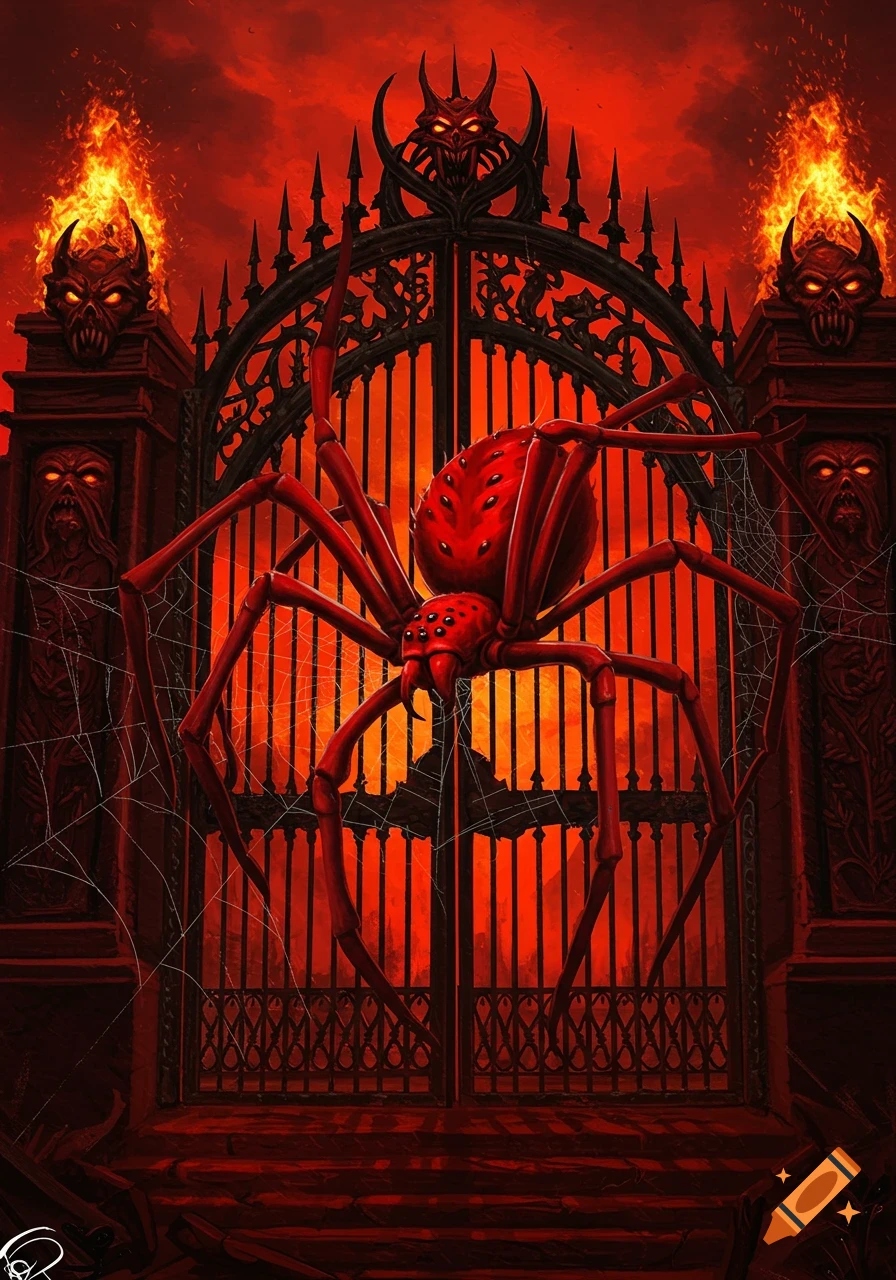 A large red spider on a black, ornate gate with demonic heads and flames, against a fiery red sky in a fantasy art style.