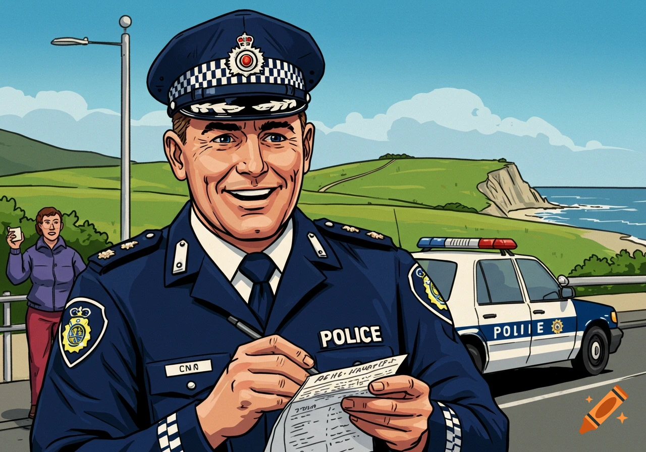 A smiling male police officer in a blue uniform and cap writes on a pad, with a police car and coastal landscape behind him in a comic book style.