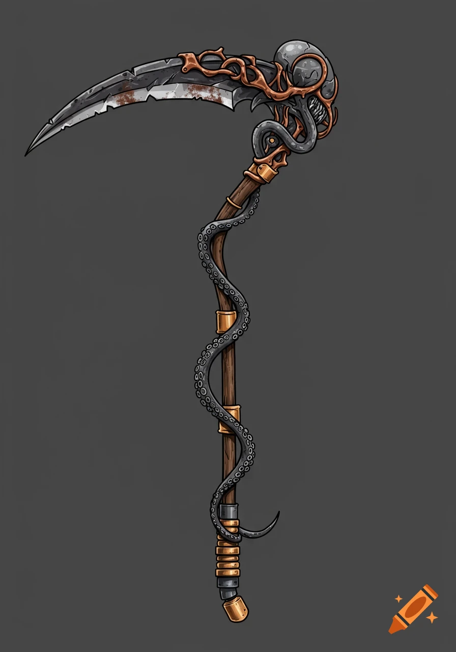 A stylized steampunk scythe staff with a rusted blade, a monster skull head, copper pipe handle, and black tentacles wrapped around the staff.