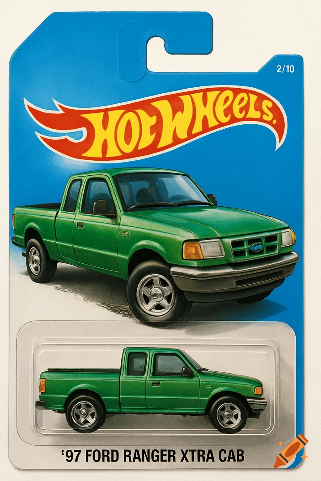A Hot Wheels package featuring a green 1997 Ford Ranger Xtra Cab pickup truck.