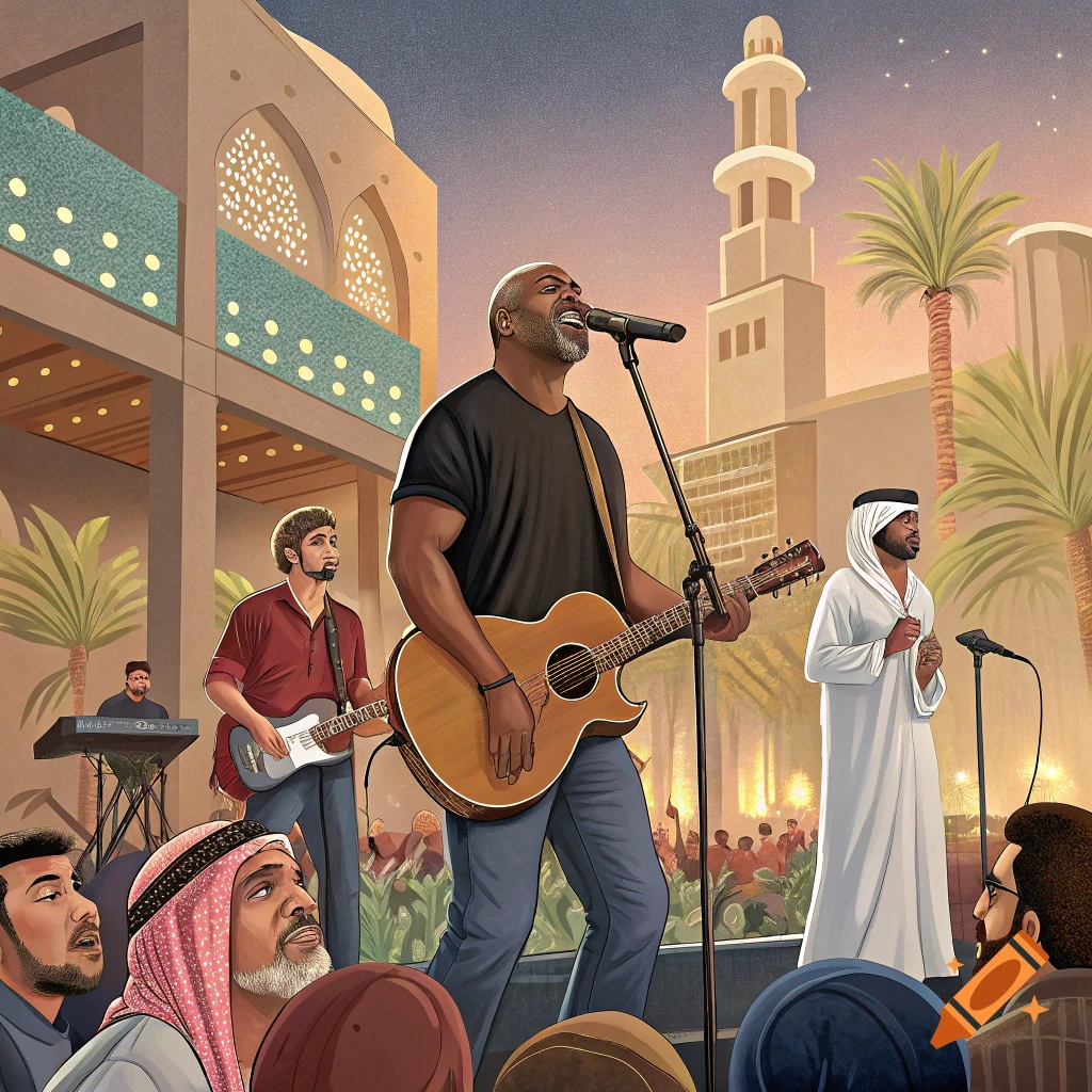 A band performs outdoors in a Middle Eastern city with a lead singer on guitar, a bassist, and a traditional singer on stage, against a backdrop of buildings and a minaret at sunset.
