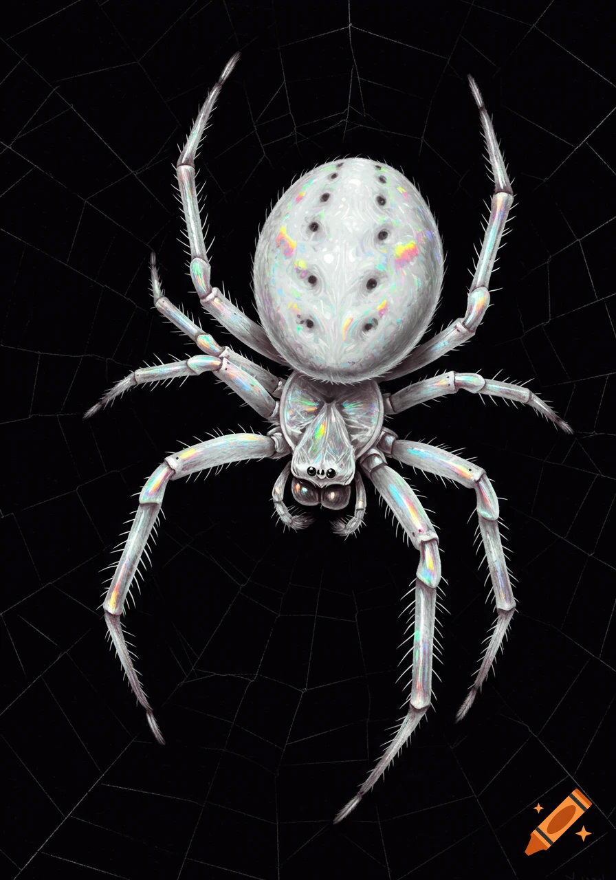 An illustration of a large white spider with rainbow highlights on its body and legs, centered on a dark spiderweb against a black background.