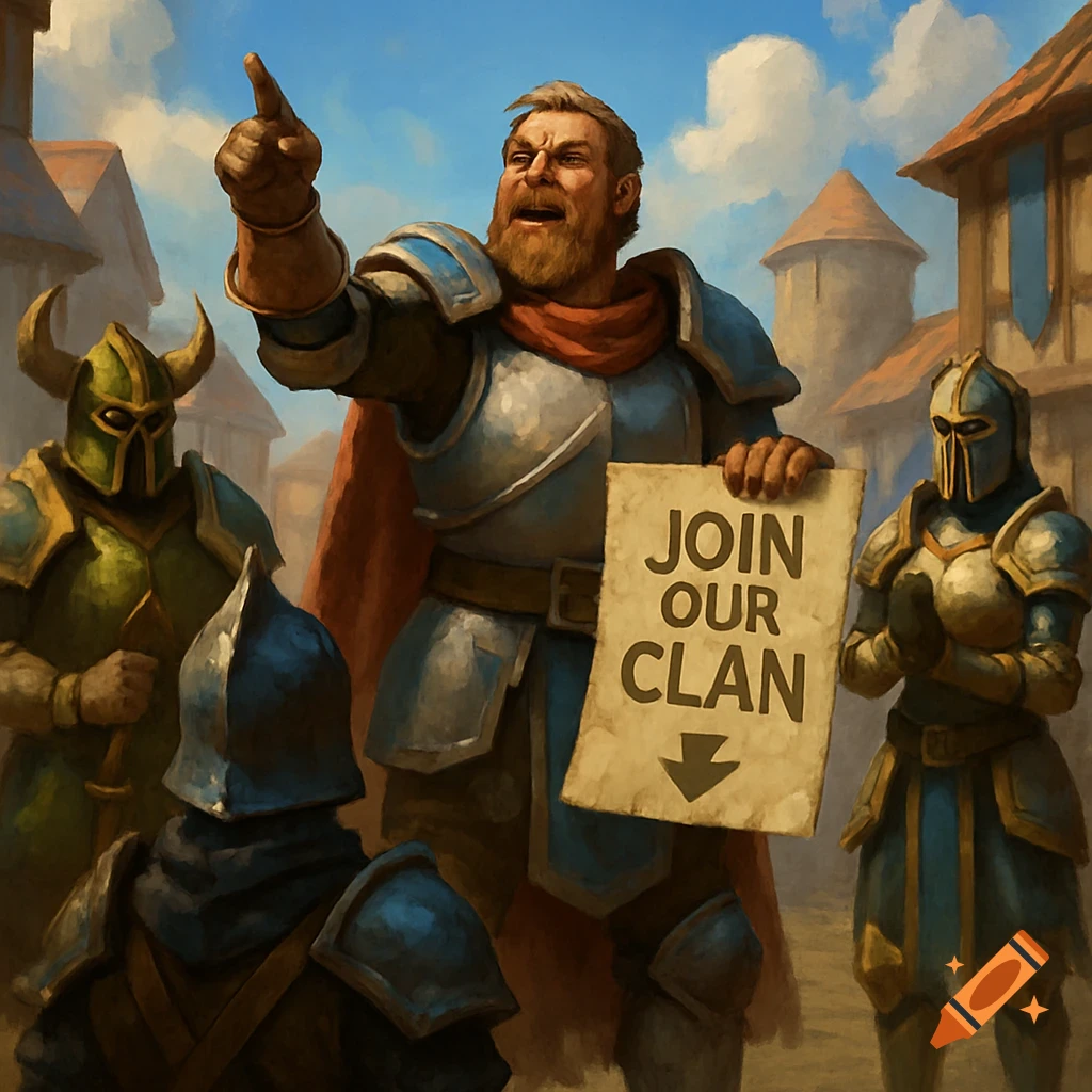 An armored man with a beard points upwards while holding a 'JOIN OUR CLAN' sign in a medieval town, surrounded by other armored figures.