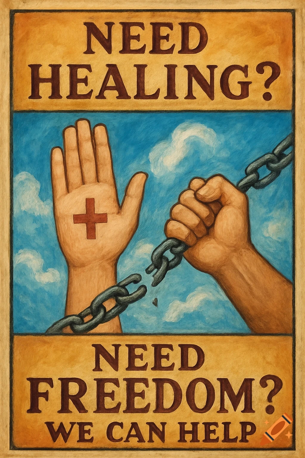 A poster depicting a raised hand with a cross on its palm and another hand breaking chains, set against a blue sky, with text asking 'Need healing? Need freedom? We can help'.