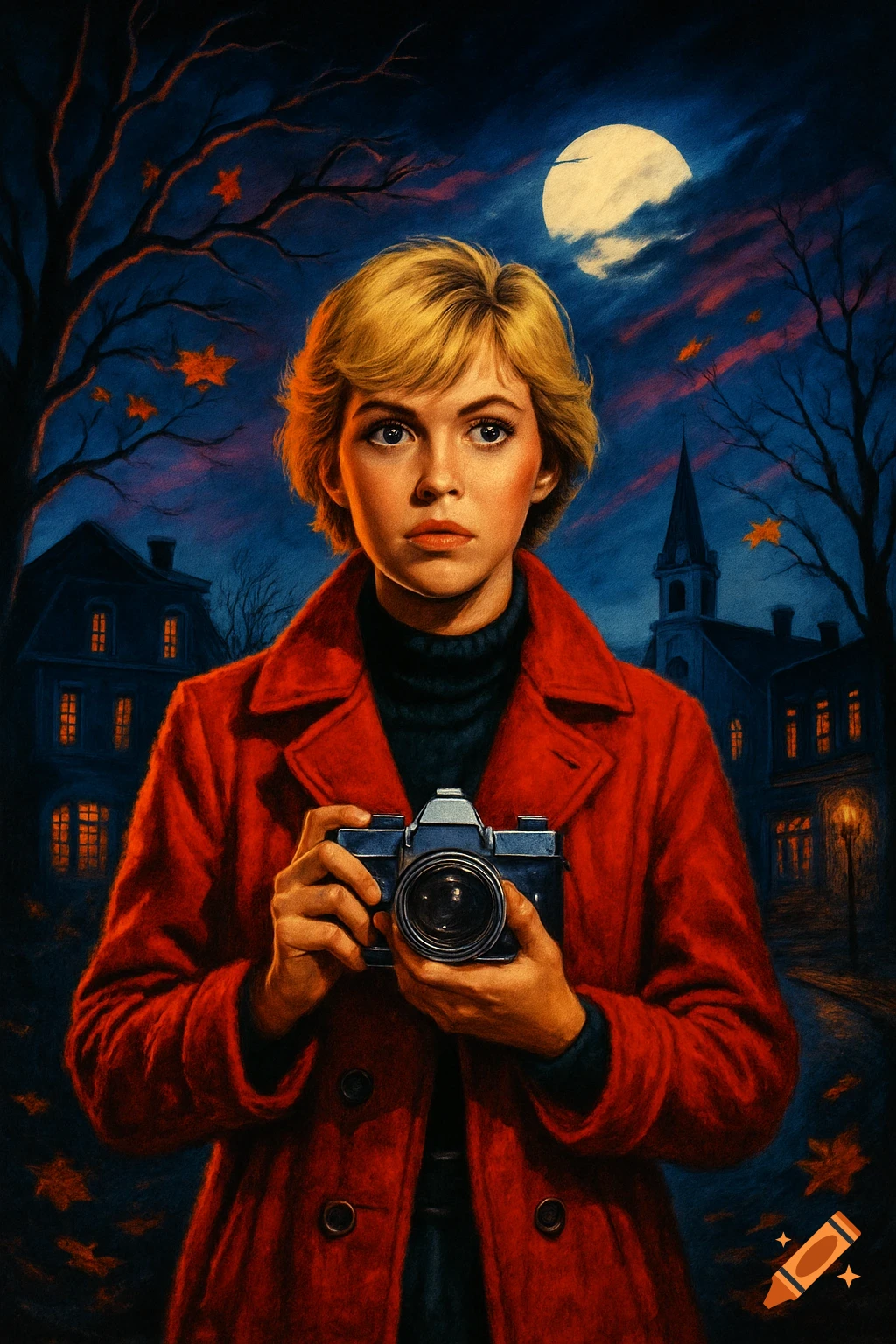 A retro-style painting of a blond girl in a red coat holding a camera, in a spooky fall town at night under a full moon.