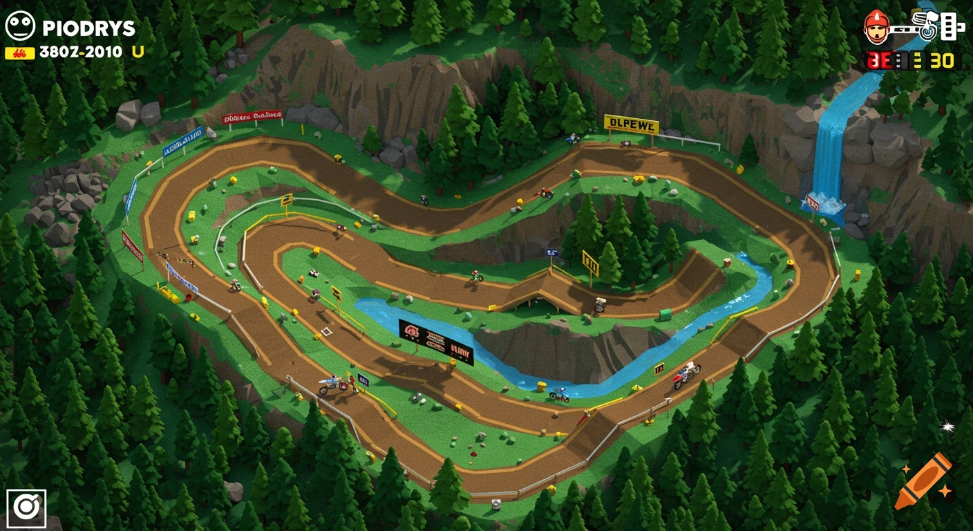 An overhead view of a colorful 90s 3D motocross track shaped like a heart, winding through green forests with mountains and a waterfall.