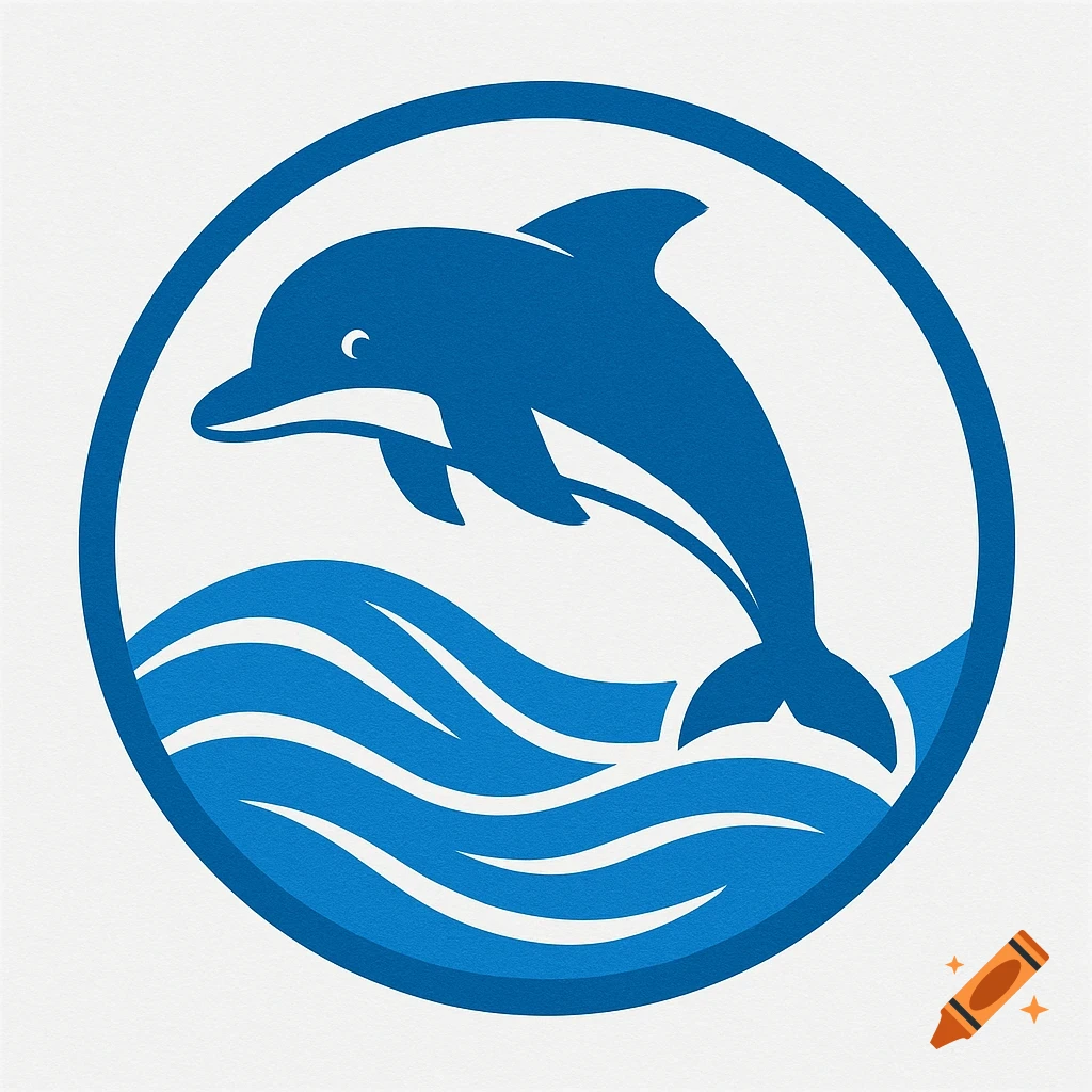 Blue logo of a stylized dolphin jumping over waves within a circular border.