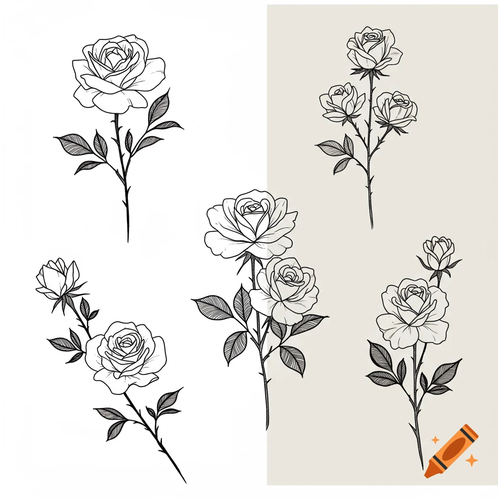 Five black outline drawings of roses, each with a stem and leaves, on a split white and beige background.