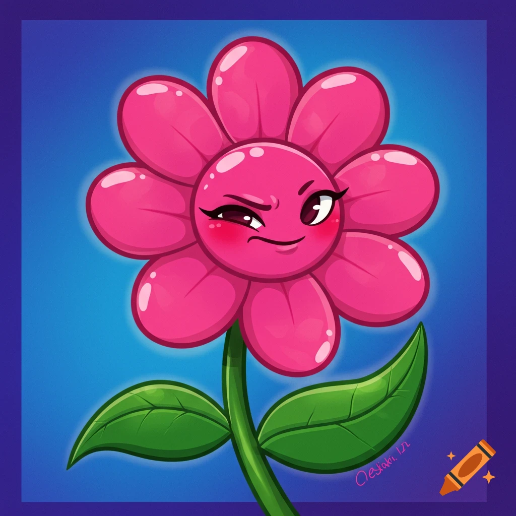 A cartoon pink flower character with a sassy winking expression and rosy cheeks, on a blue background.