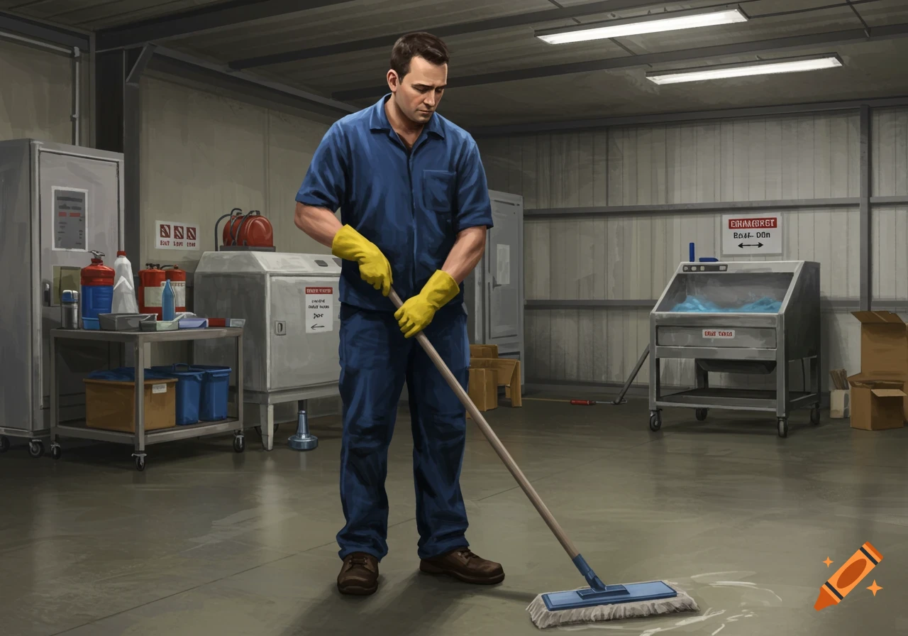 A man in blue work clothes and yellow gloves mops a wet floor in a light industrial unit.