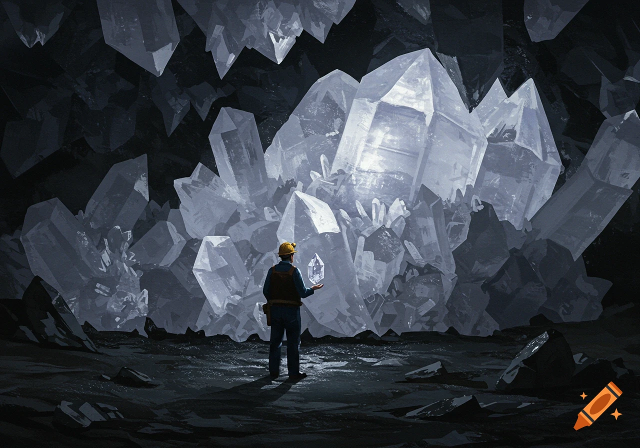 A man in a hard hat stands in a vast crystal cave, holding a small glowing crystal, digital painting.