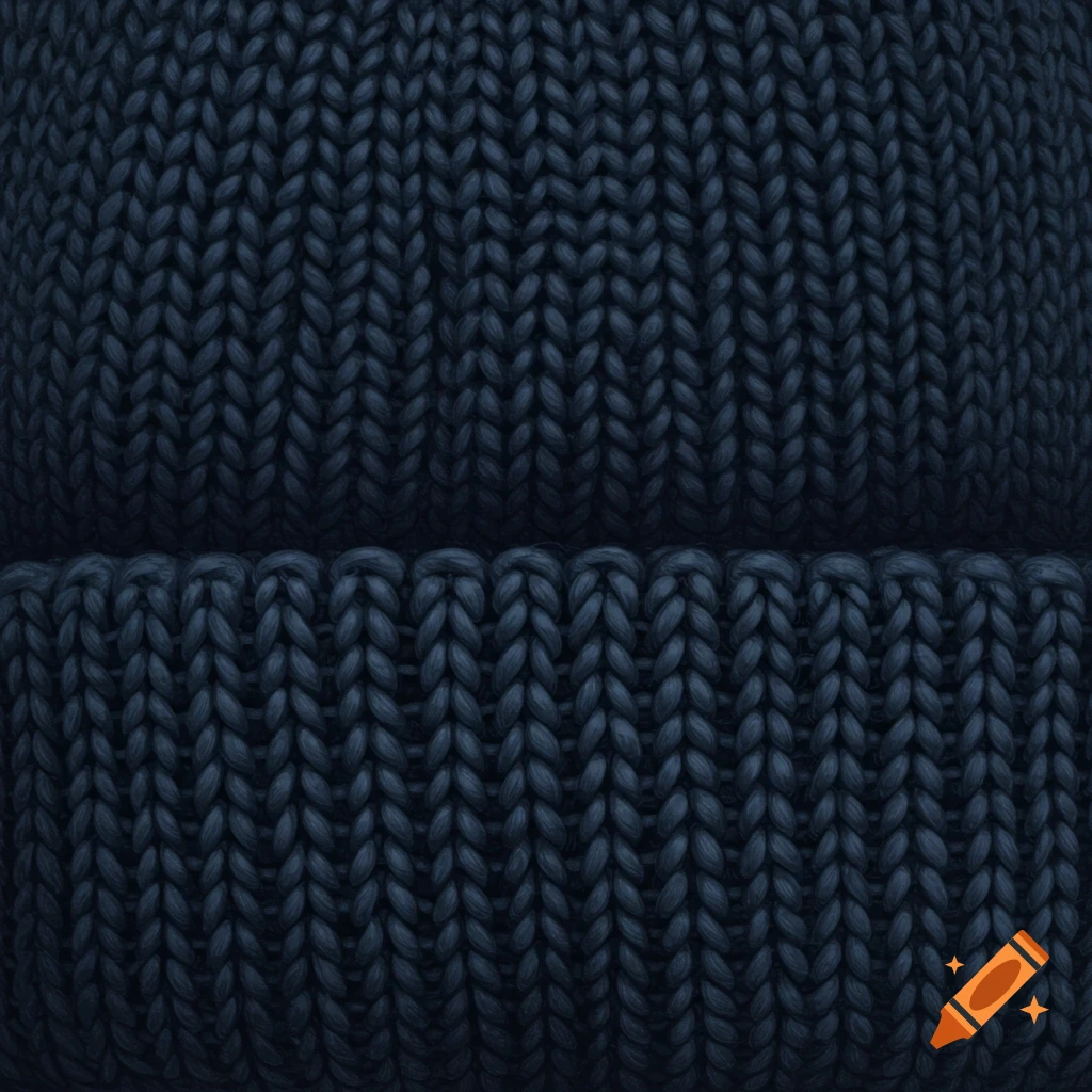Close-up of dark blue knitted fabric, showing rows of tightly woven stitches.