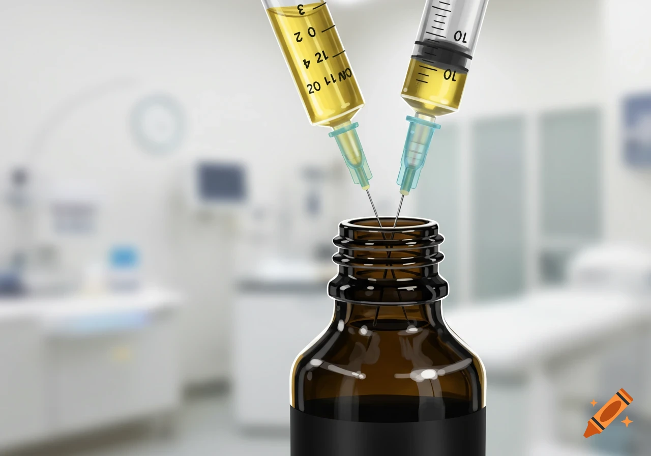Two syringes with yellow liquid inserting needles into a brown bottle, with a blurred clinic background.
