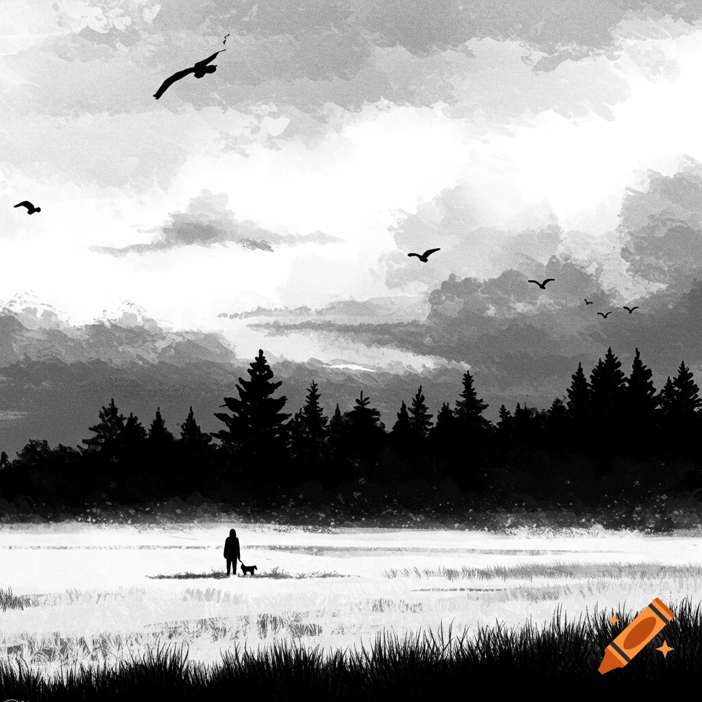 Black and white artistic landscape of a person walking a dog in a misty field under a cloudy sky with birds.