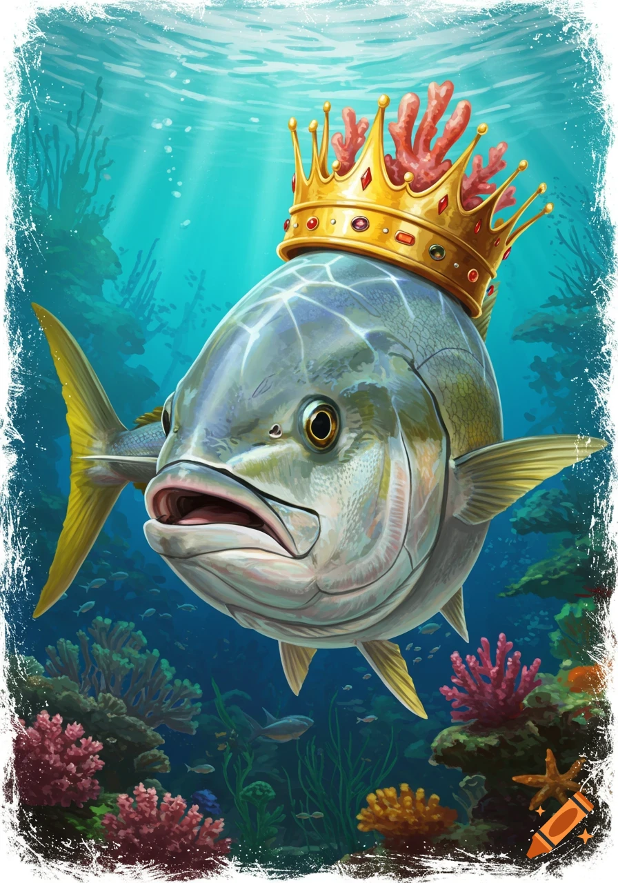 An illustrated amberjack fish wearing a golden crown adorned with coral, swimming in a vibrant underwater reef.