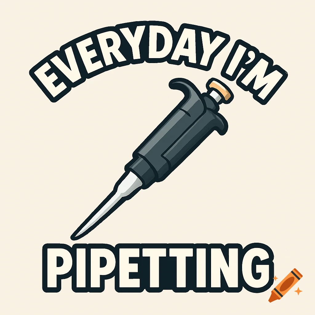 A vector art illustration of a black and white pipettor on a diagonal with the text "EVERYDAY I'M" above it and "PIPETTING" below it, on a light background.