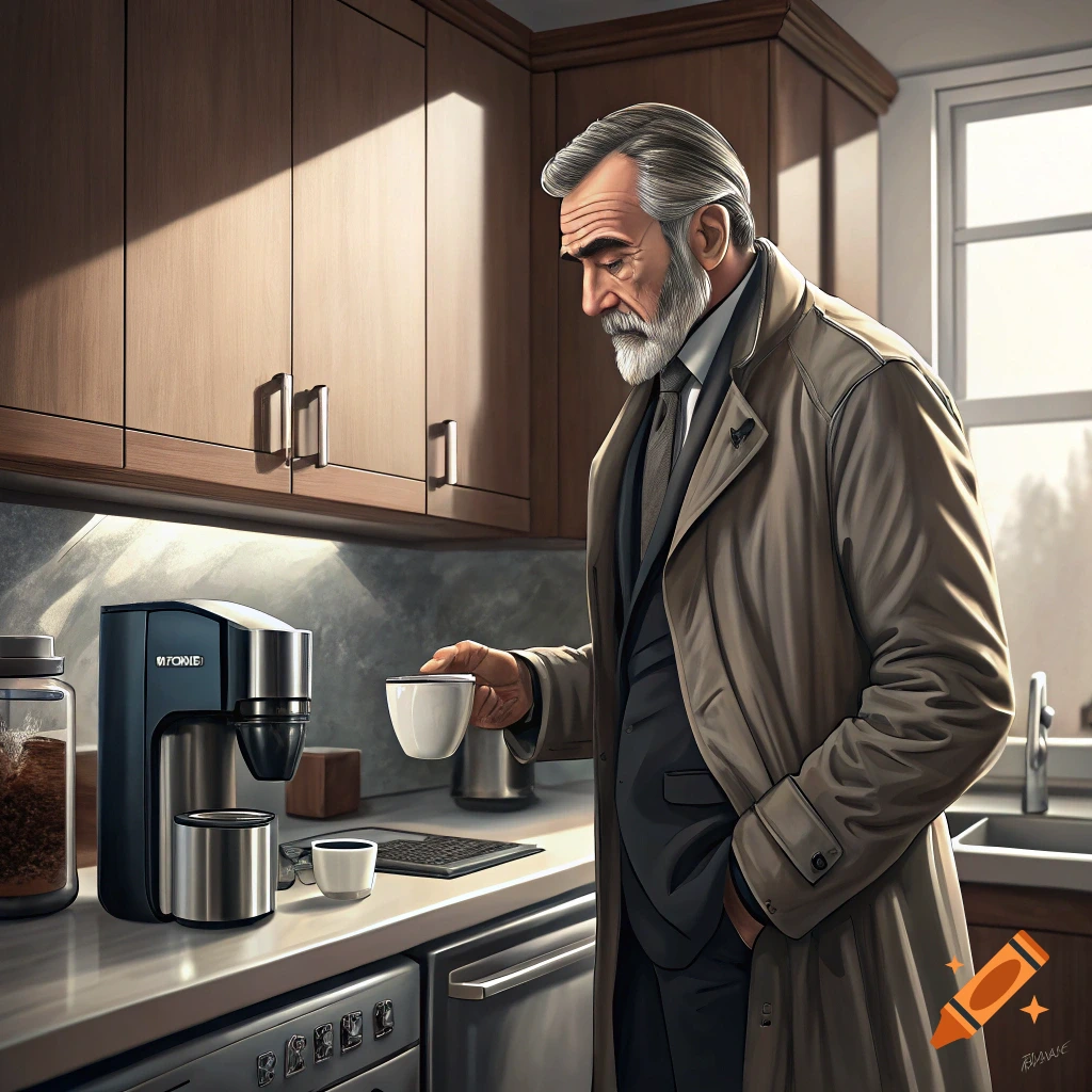 An older man with a beard, wearing a trench coat, stands in a kitchen, holding a cup of coffee near a coffee machine in photorealistic style.