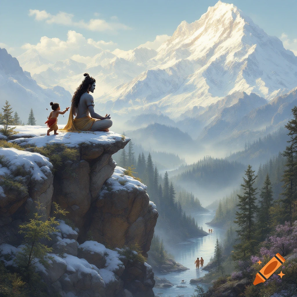 Lord Shiva meditates on a snowy mountain cliff as Bal Ganesha points at a river valley with various deities and cows.