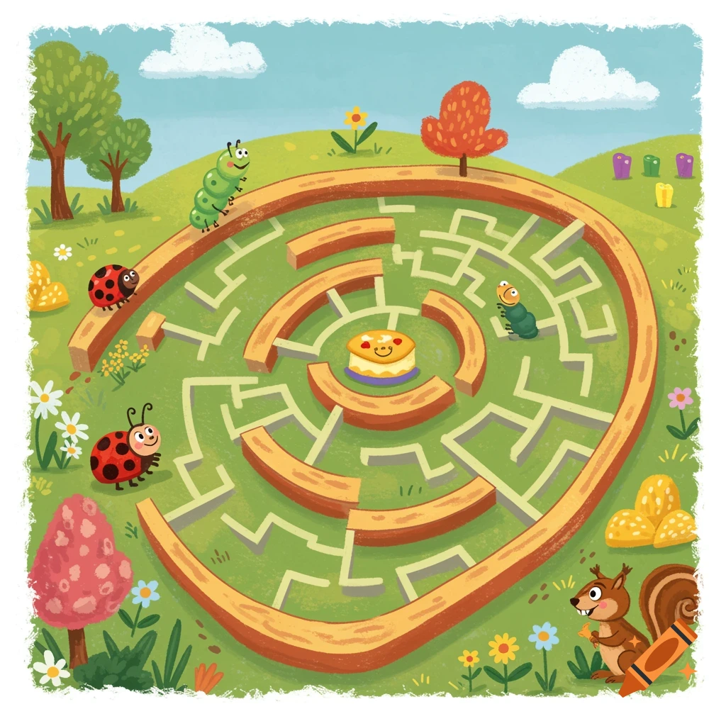 A colorful cartoon illustration of a maze in a green field with ladybugs, caterpillars, a squirrel, and a cake in the center.