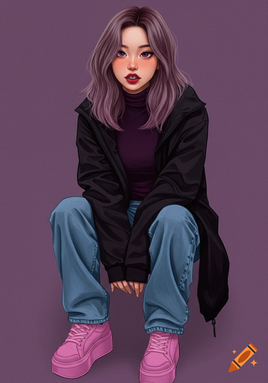 A stylized digital illustration of a Korean girl with purple hair, red lips, and braces, wearing a black jacket, blue jeans, and pink platform shoes, squatting against a purple background.