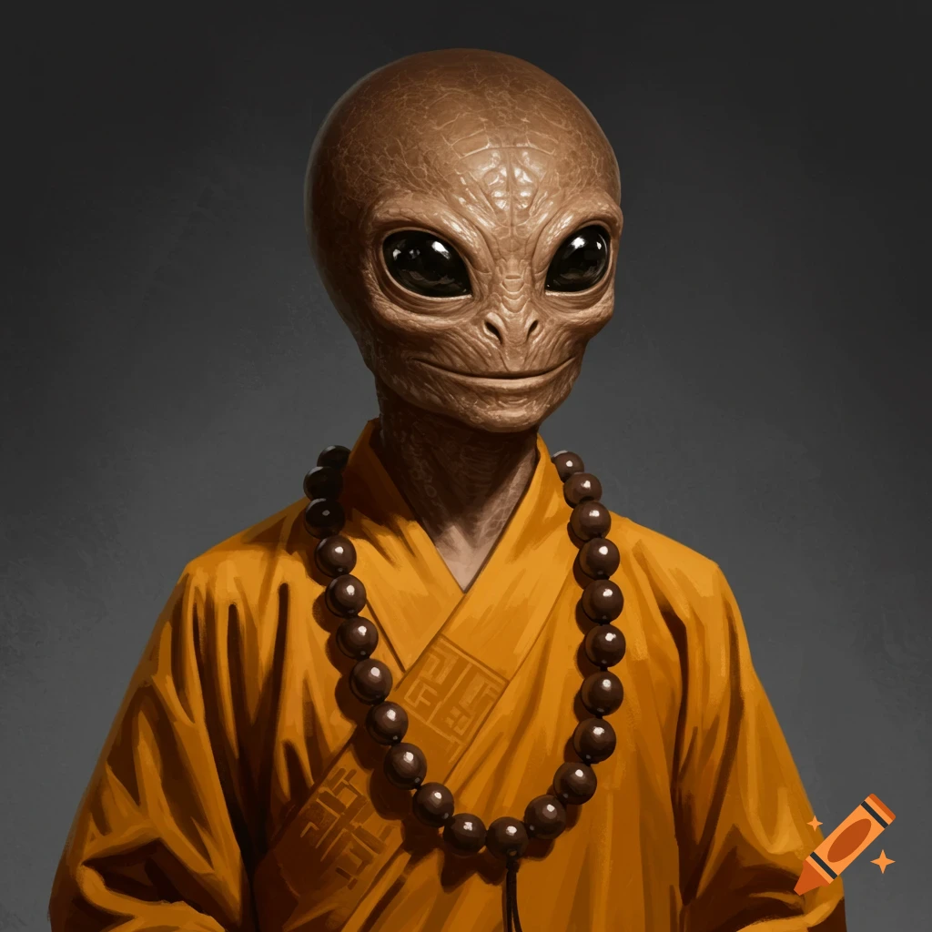 A realistic portrait of a brown-skinned alien with large dark eyes, wearing an orange Shaolin monk robe and a dark brown beaded necklace.