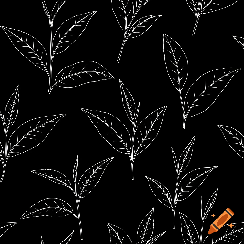 Seamless pattern of white line art tea leaves on a black background.
