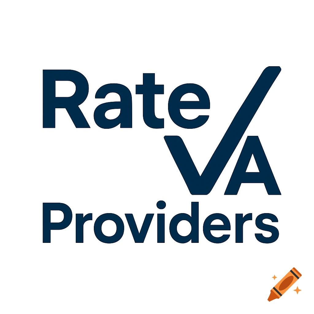 Dark blue logo on white background for 'Rate VA Providers', with a checkmark integrated into the 'V' of 'VA'.