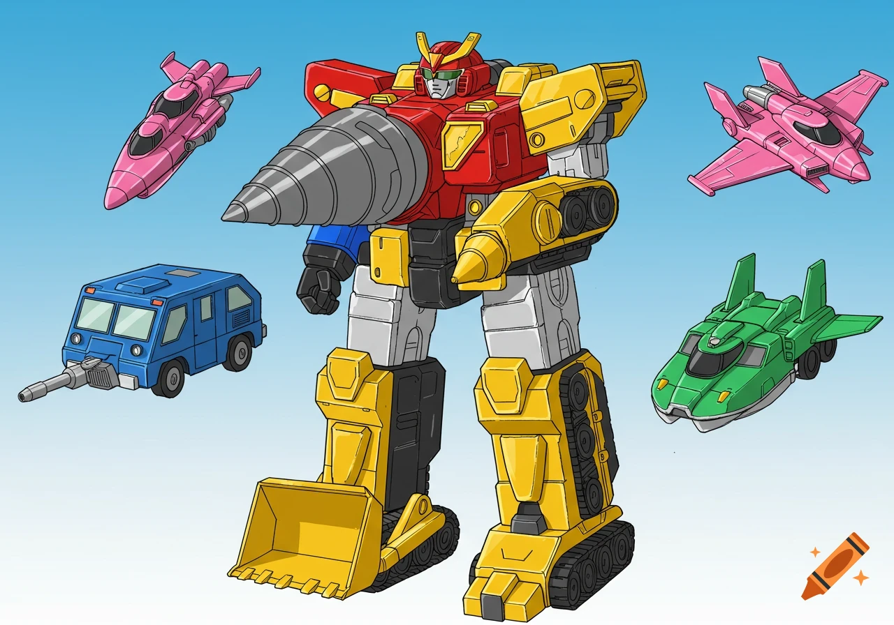 A red and yellow Sentai mecha robot with a drill chest stands among pink jets, a blue van, and a green amphibian vehicle under a blue sky.