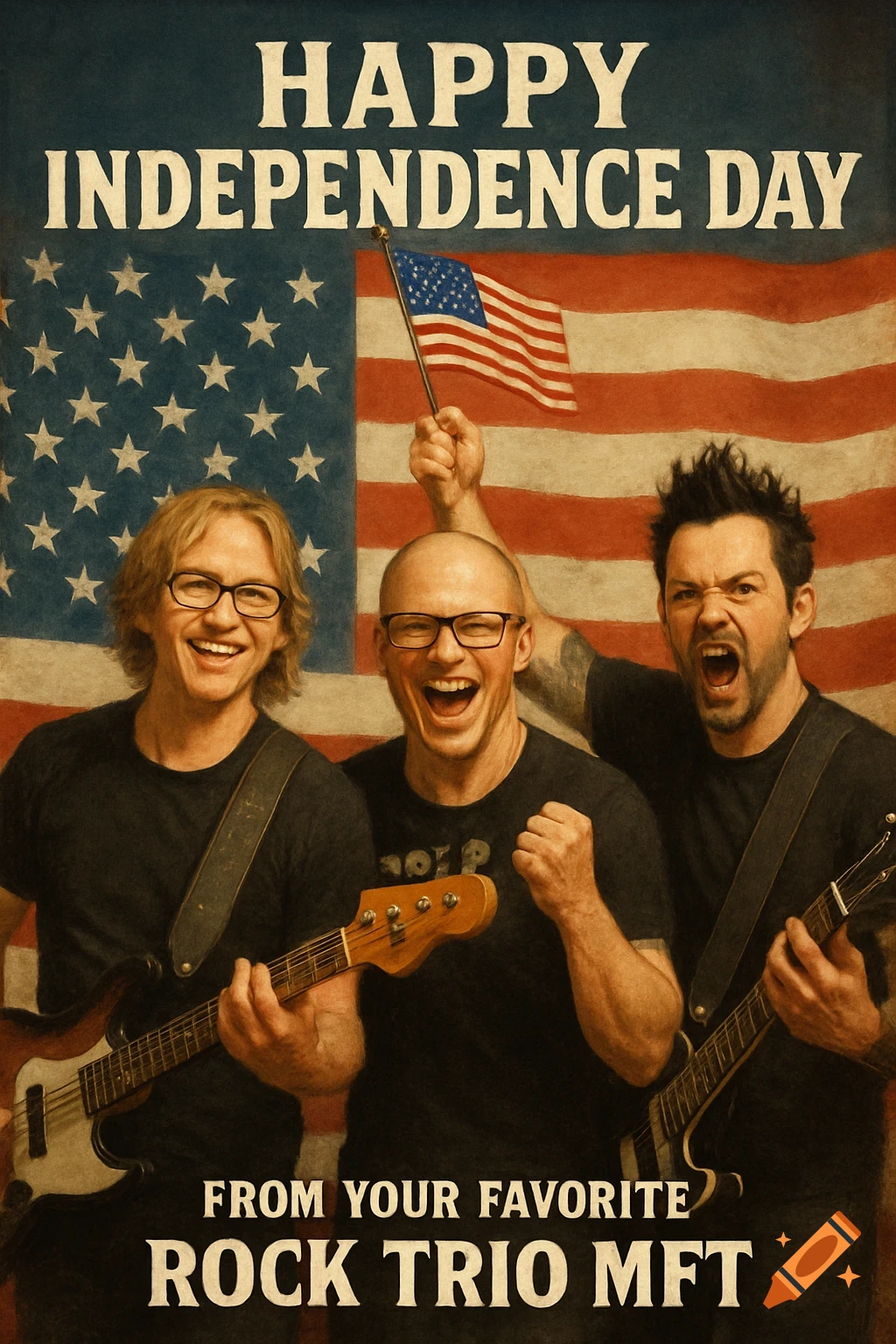 Three male rock musicians celebrate Independence Day in front of an American flag, holding a small flag and guitars. The text "HAPPY INDEPENDENCE DAY FROM YOUR FAVORITE ROCK TRIO MFT" is prominently displayed.