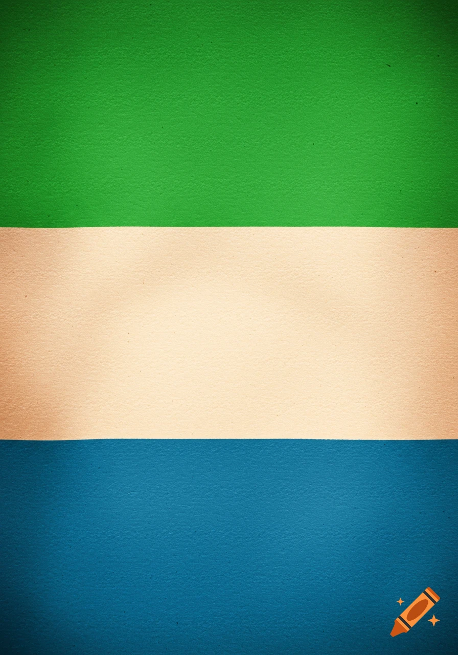 A close-up view of the flag of Sierra Leone, featuring horizontal stripes of green, white, and blue with a textured paper-like appearance.