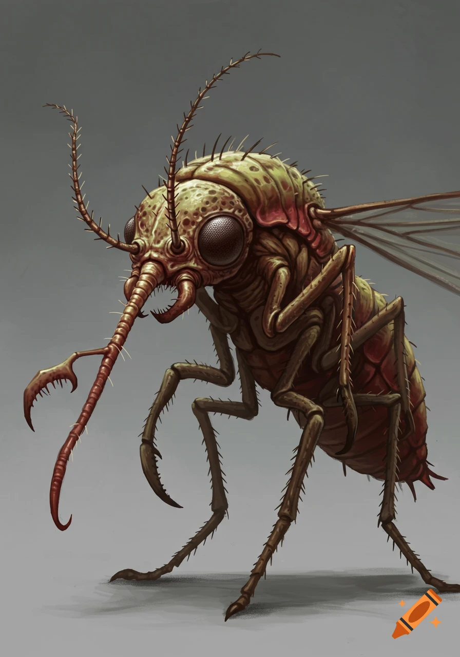 A detailed illustration of a monstrous, green and brown mosquito-like fantasy creature with a long proboscis and spiky pincer legs.