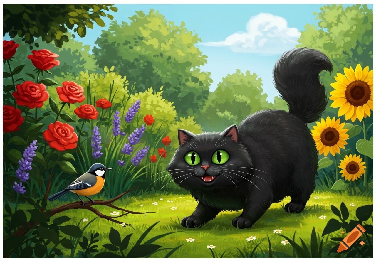 A fluffy black cat with green eyes crouches in a vibrant garden, observing a bird on a branch amidst colorful flowers in a cartoon style.