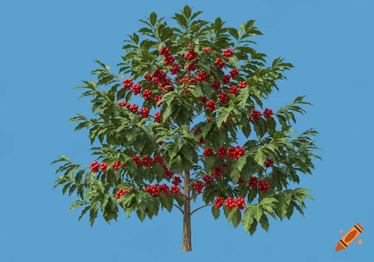 A realistic, detailed coffee plant with green leaves and numerous red ripe coffee cherries against a solid blue background.