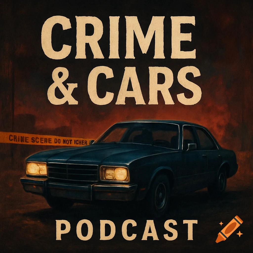 A dark, moody podcast logo featuring the words "CRIME & CARS" and "PODCAST" with a dark blue classic car and yellow crime scene tape in a red-toned, hazy background.