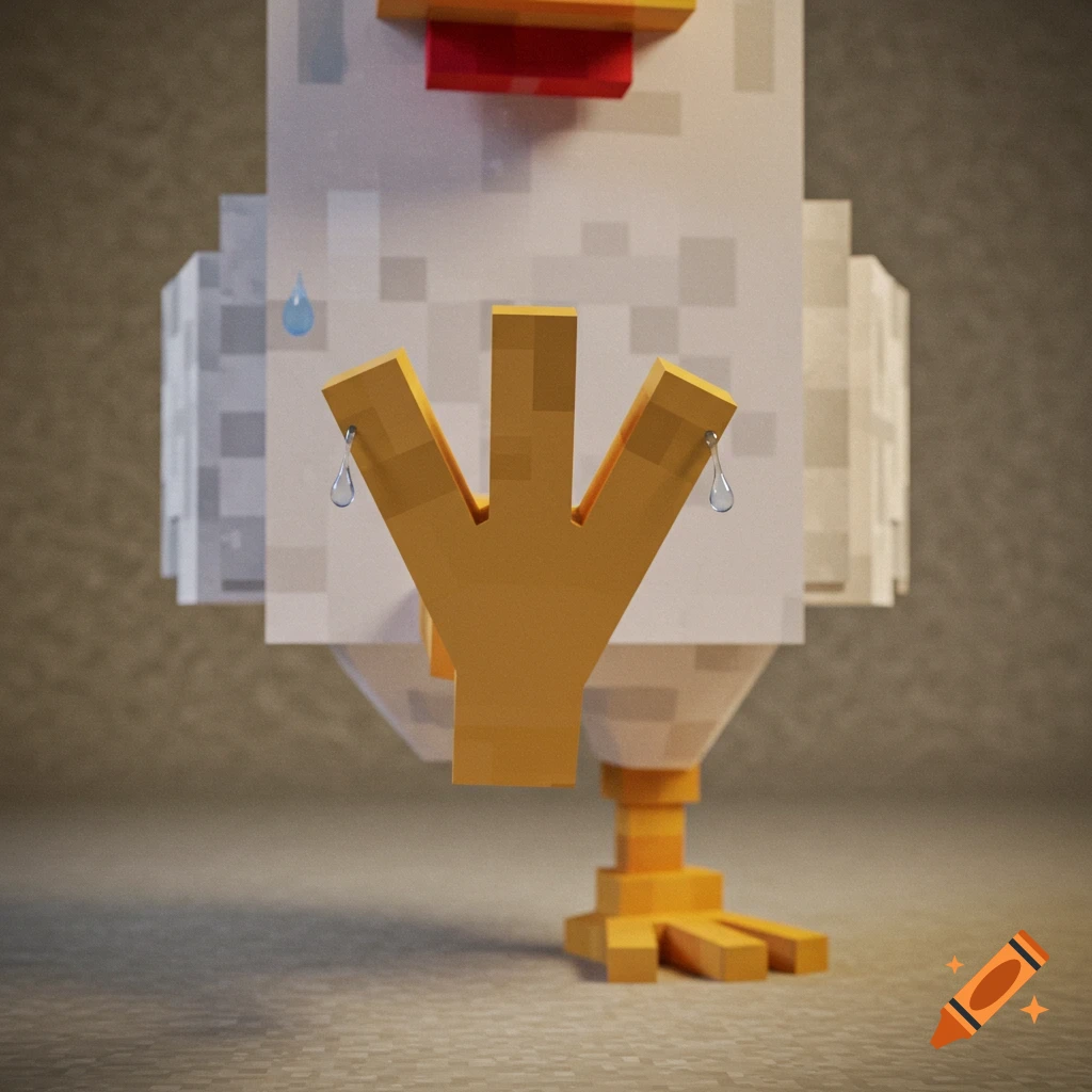 A close-up 3D render of a blocky Minecraft-style chicken's foot, with three toes, dripping with sweat, on a textured floor.